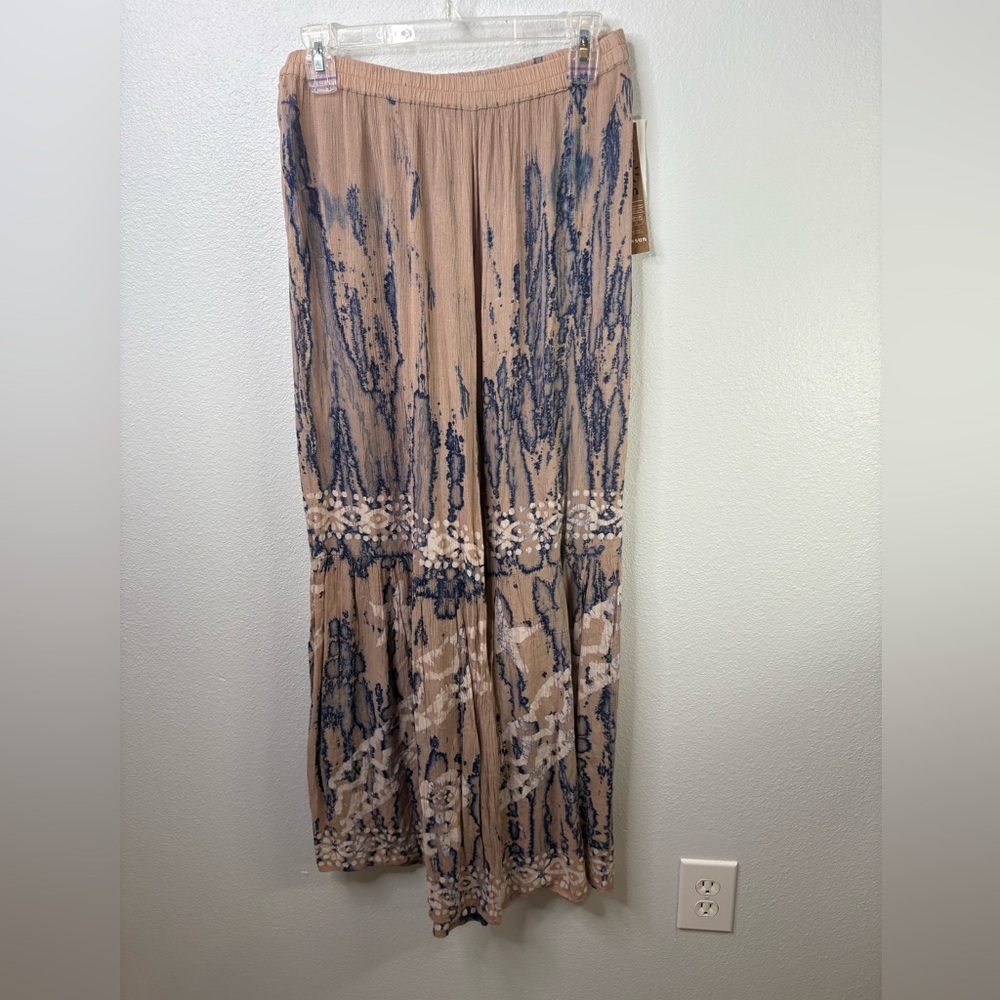 NWT-Raya Sun Crepe Batik Wide Leg Pants Beige Large